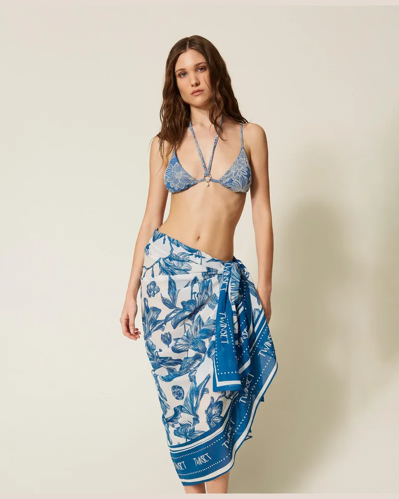 Twin-Set Bademode - Pareo mit floralem Print, Print Toile De Jouy Off White/Blu Med, Mit Blumen, Einheitsgröße Print