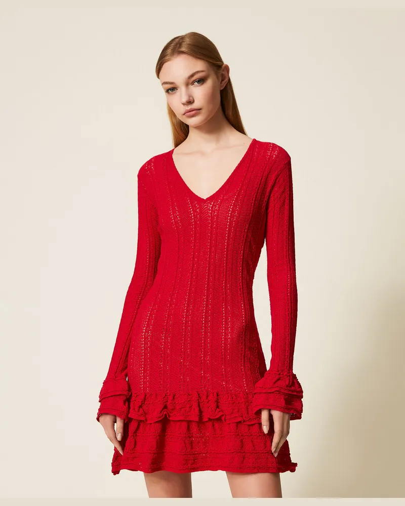 Twin-Set Kleider - Kurzes Strickkleid mit Volants, Venedigrot, Baumwolle, Größe Venedigrot
