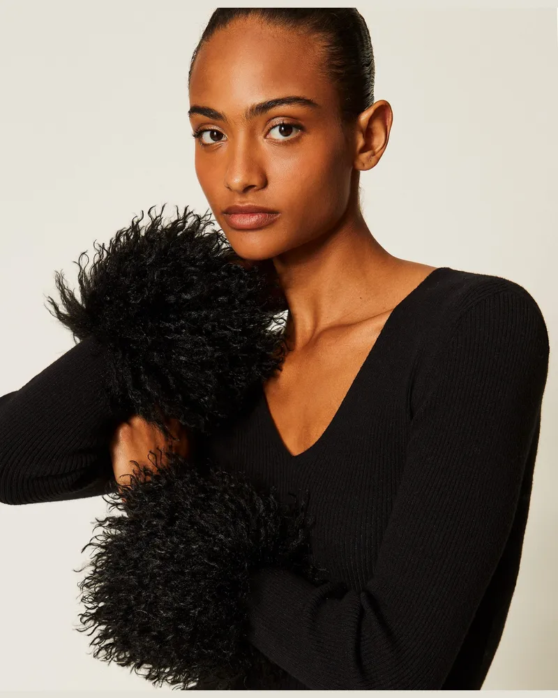 Twin-Set Gerippter Pullover mit Kunstpelz, Damen, Schwarz Schwarz