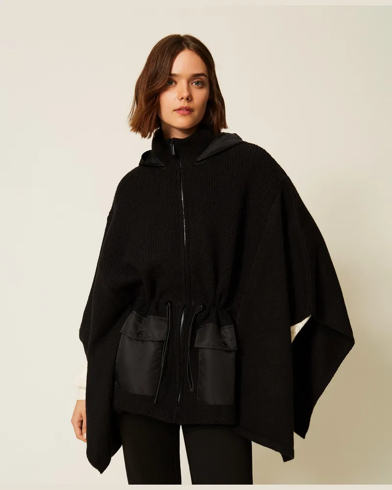 Twin-Set Strickponcho mit Kapuze, Damen, Schwarz Schwarz