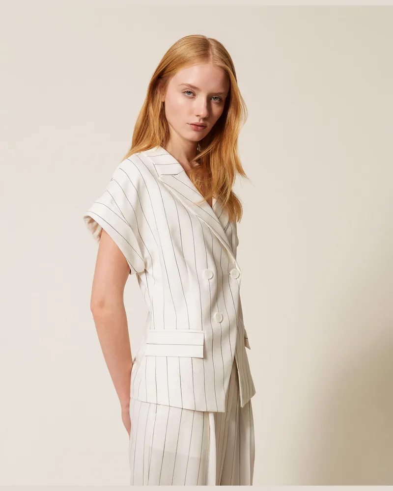 Actitude by Twinset Jacken und Outerwear - Zweireihige Nadelstreifenjacke, Off White Pinstripe, Gestreift, Größe Off