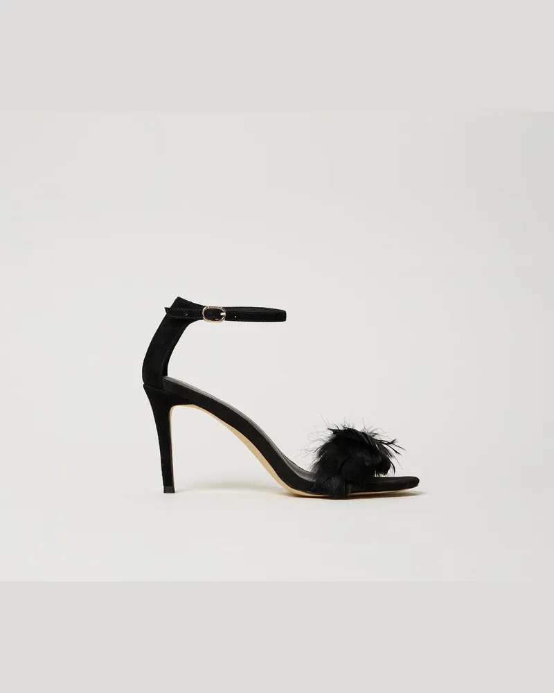 Twin-Set Schuhe - Ledersandalette mit Federn, Schwarz, Größe Schwarz