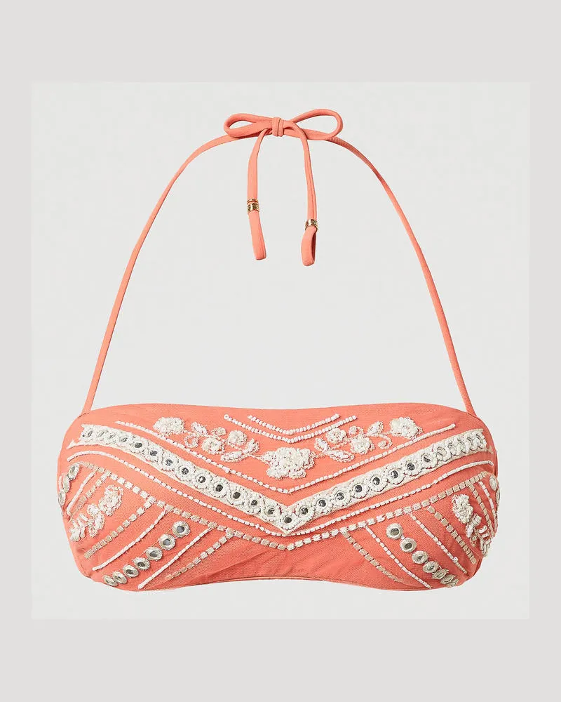 Twin-Set Bademode - Bandeau-Bikinitop mit Stickerei, Stickerei Coral Sunset / Almond Beige, Größe Stickerei