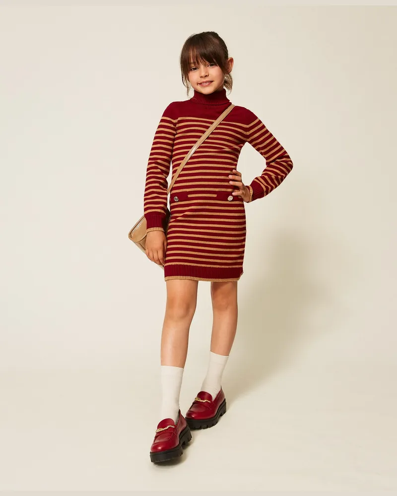 Twin-Set Kurzes Strickkleid mit Streifen, Damen, Streifen Red Ruby / "Iced Coffee"-Braun Streifen