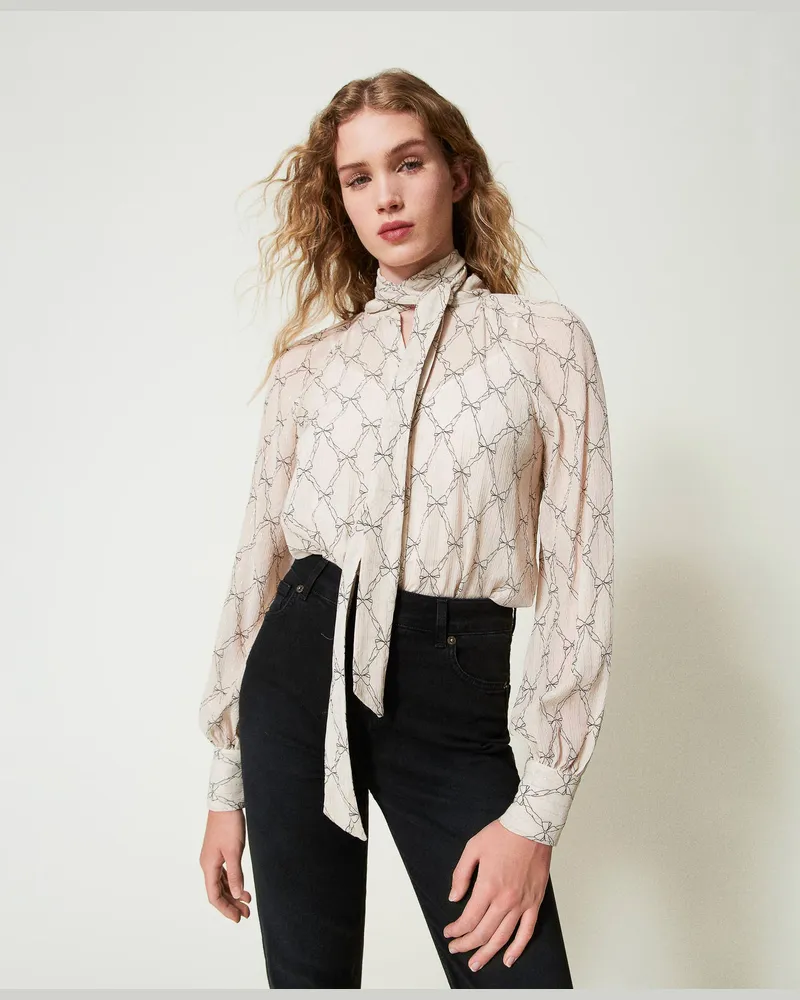 Twin-Set Hemden - Hemd aus Krepon mit Schleifenprint, Flockenprint „White Cream" / Schwarz, Seide, Größe Flockenprint