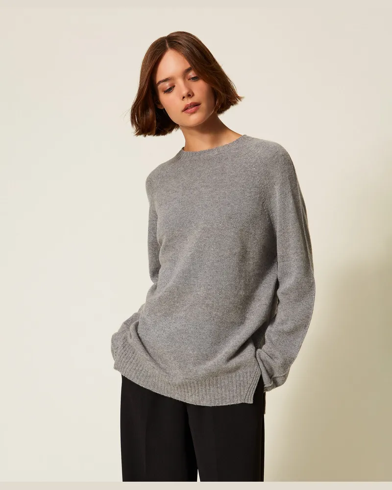 Twin-Set Pullover aus Wollmischung mit Streifenmuster und Lurex, Streifen Mittelgrau-Melange / Mittelgrau Lurex, Gestreift, Größe Streifen