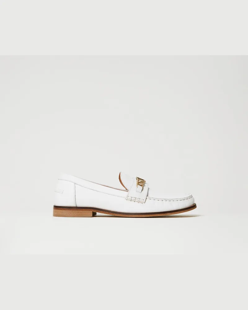 Twin-Set Schuhe - Ledermokassin mit „Oval T"-Ziertrense, Weiß Schnee, Größe Weiß