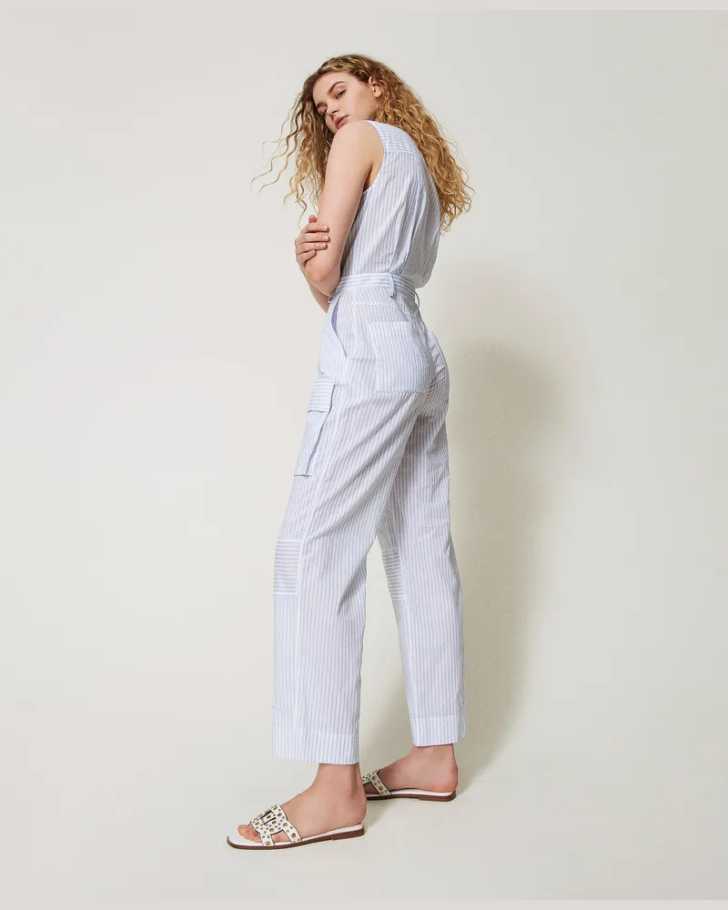 Twin-Set Kleider - Langer Jumpsuit aus gestreiftem Popeline, Zweifarbig "Papers"-Weiß/ Intensives Blau, Größe Zweifarbig