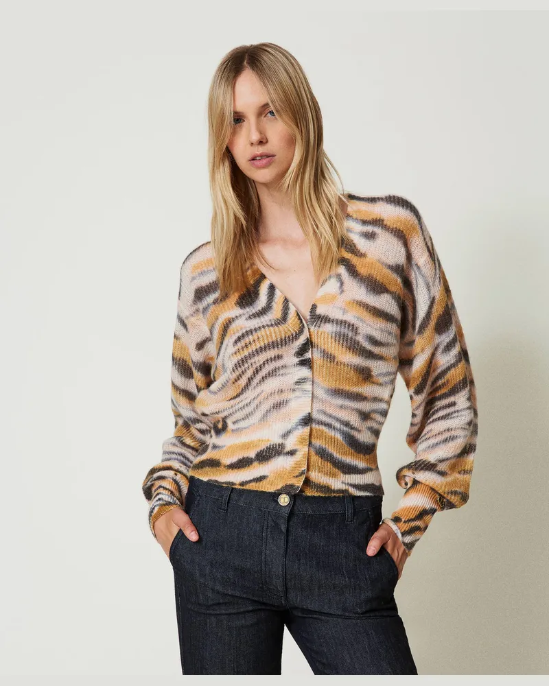 Twin-Set Pullover - 2-in-1-Cardigan aus Wolle und Alpaka, Print Tiger „Tenné"-Orange / Schwarz, Mit Blumen, Größe: XXL 