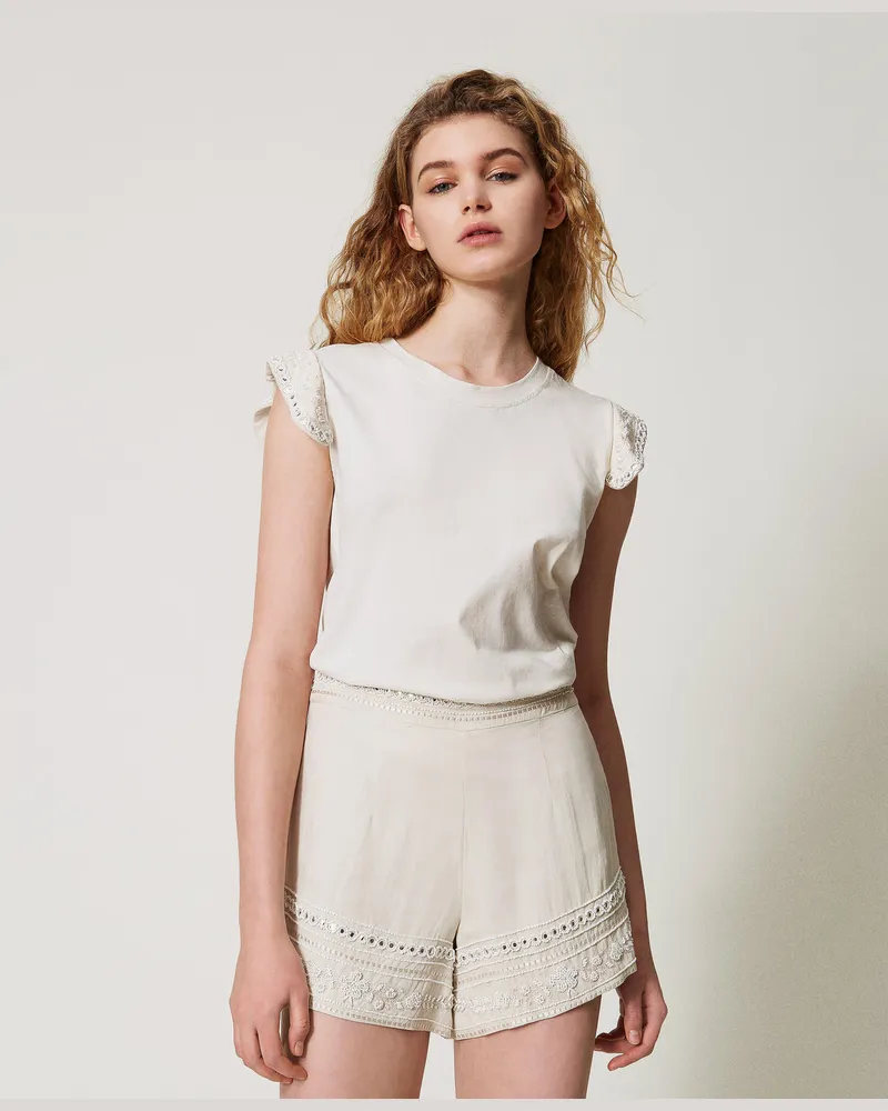 Twin-Set T-Shirts - T-Shirt im Regular-Fit mit Stickerei, Stickerei Almond Beige / Dark Almond Beige, Baumwolle, Größe: S 