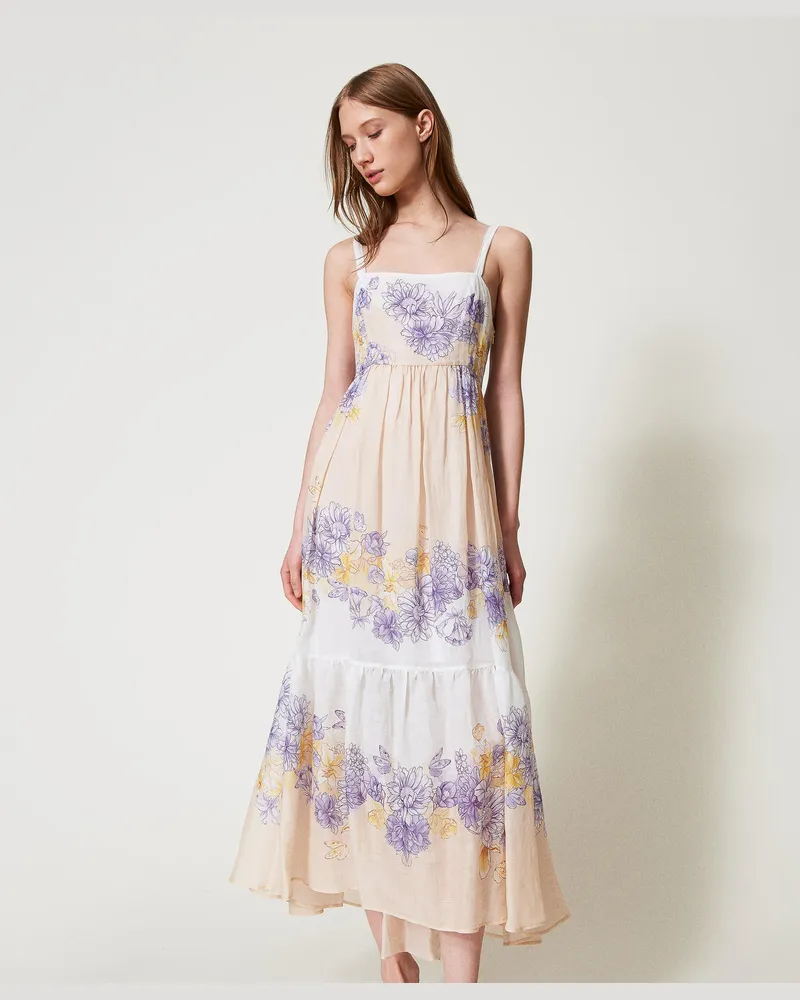 Twin-Set Kleider - Maxibustierkleid aus Ramie mit Blumendessin, Flowers-Print / Kolibri Cold Lavender / Yellow, Größe Flowers-print