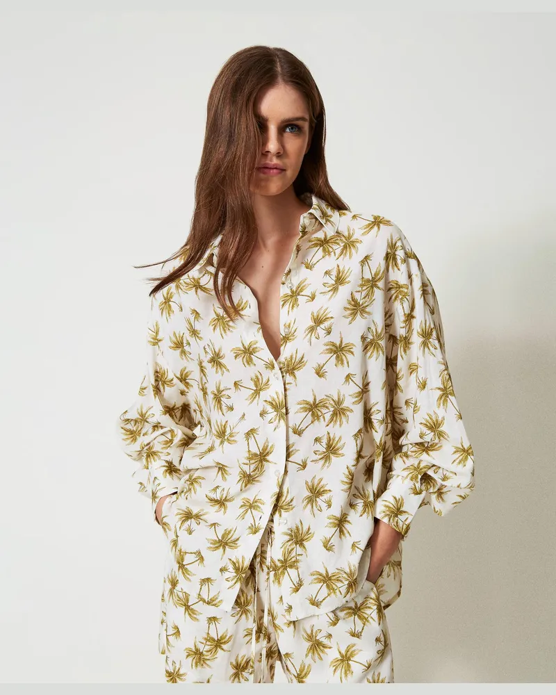 Twin-Set Bademode - Hemd aus Leinenmischung mit Palmenprint, Palmenprint Perlmutt / Olive Leaf, Größe: M 