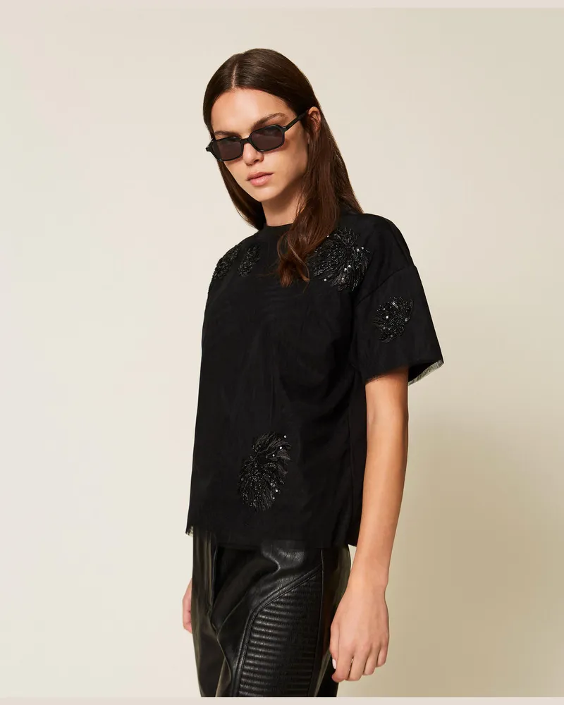 Actitude by Twinset T-Shirts - T-Shirt in Regular-Fit mit Tüll und Stickereien, Schwarz, Baumwolle, Größe Schwarz