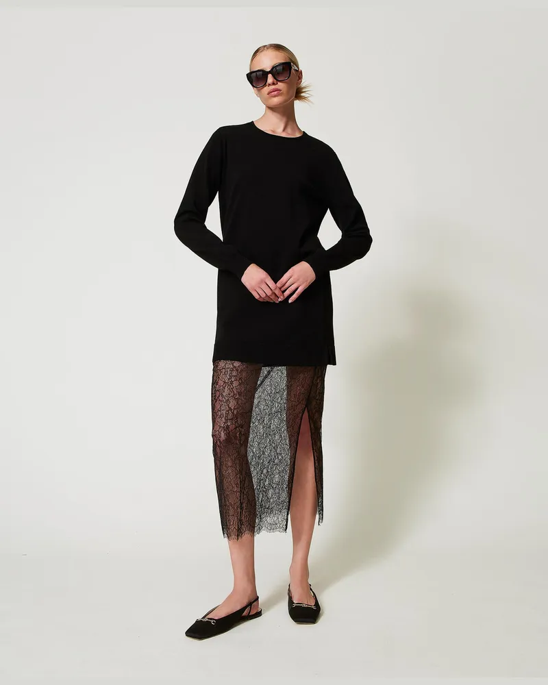 Twin-Set Kleider - Kurzes Strickkleid und Spitzenrock, Schwarz, Größe Schwarz
