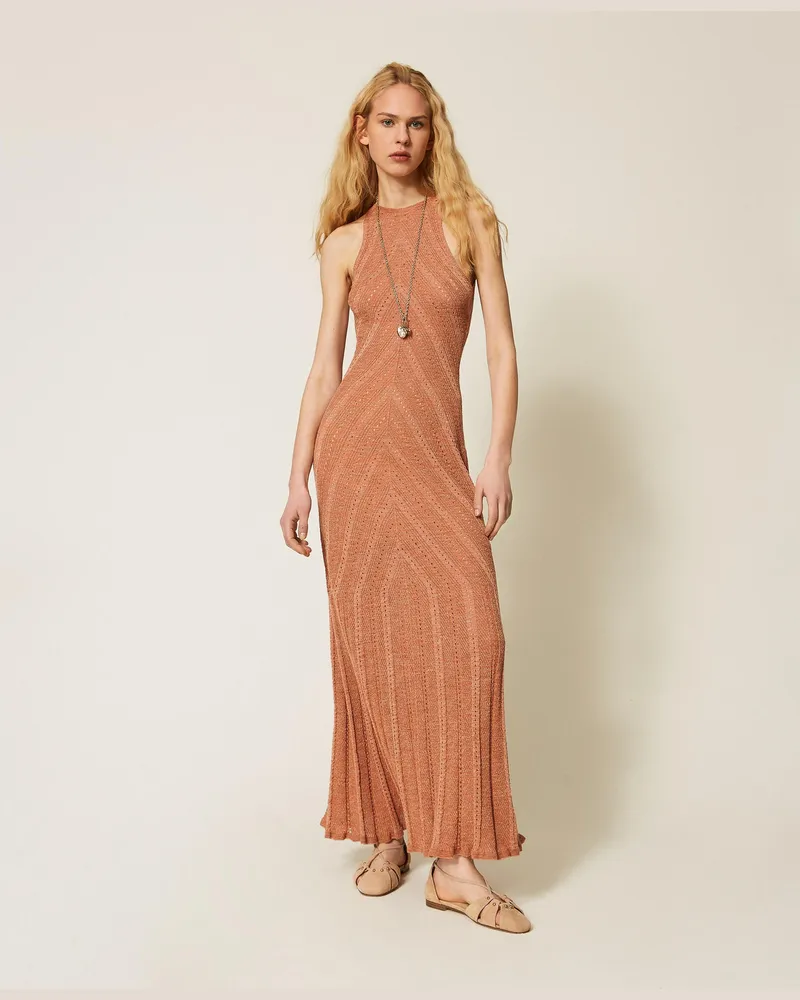 Twin-Set Kleider - Langes Kleid aus Leinenstrick mit Lurex, Salmon Rose Scuro Lurex, Größe Salmon