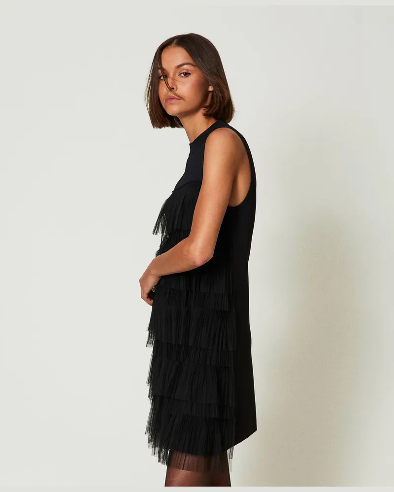 Actitude by Twinset Kleider - Kurzes Strickkleid mit Tüllvolants, Schwarz, Plissee, Größe Schwarz