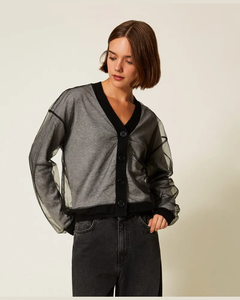 Twin-Set Cardigans - Cardigan aus Gestrick mit Tüll-Lage, Schwarz / meliertes Grau, Wolle, Größe Schwarz