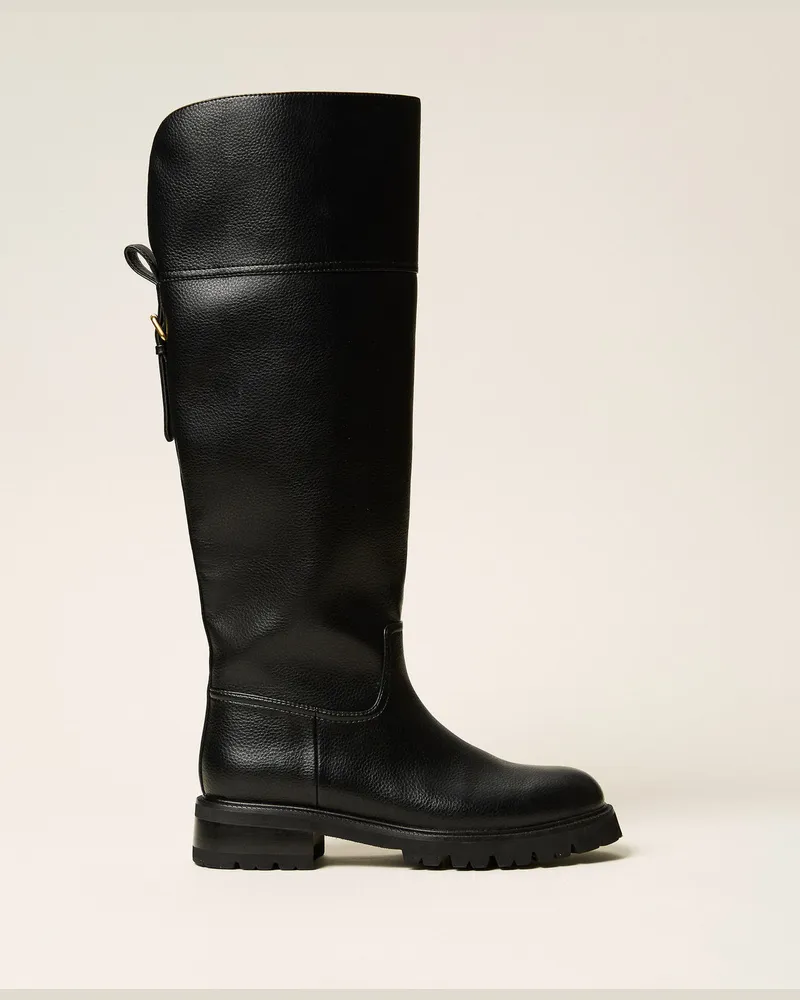 Twin-Set Hoher Stiefel aus Leder mit Riemchen Schwarz