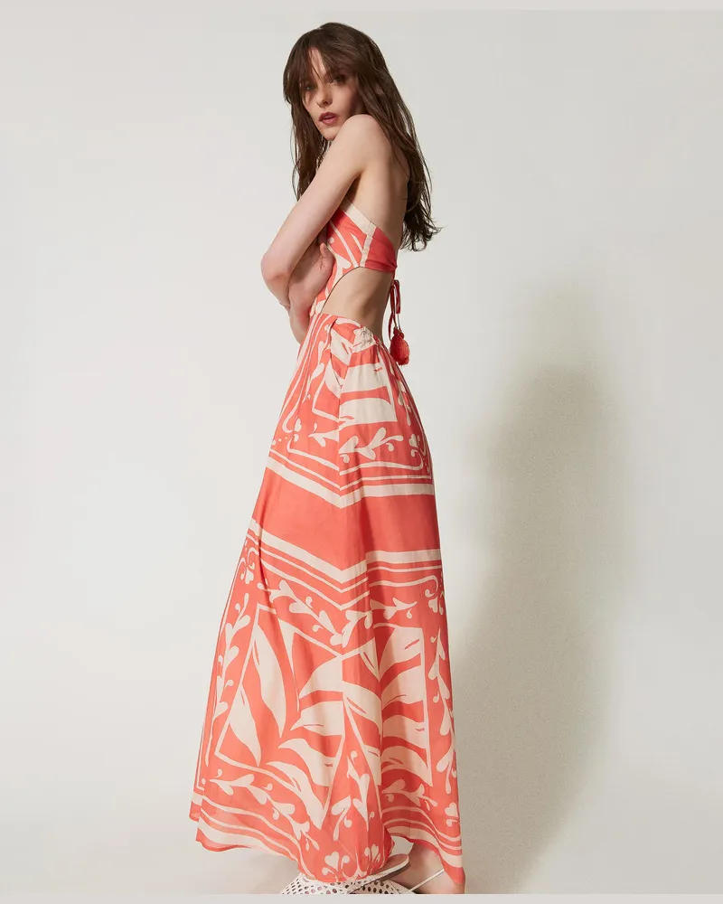Twin-Set Bademode - Maxikleid aus bedrucktem Musselin, Foulard-Print Coral Sun / Almond Beige, Baumwolle, Größe: S 