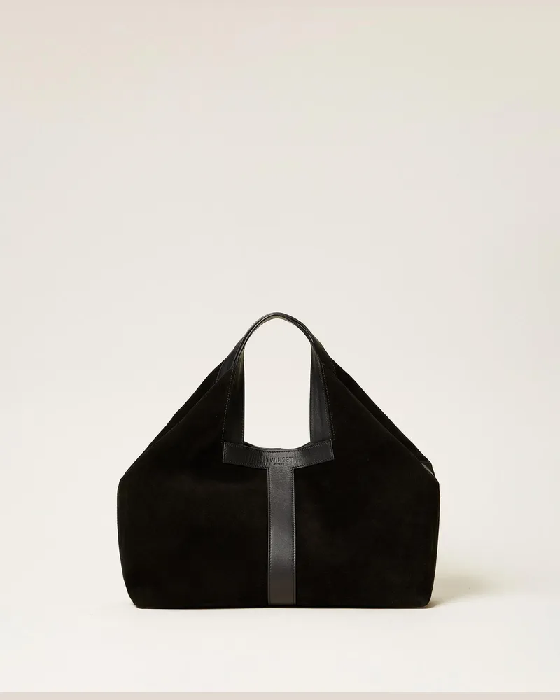 Twin-Set Shopper aus Veloursleder Schwarz
