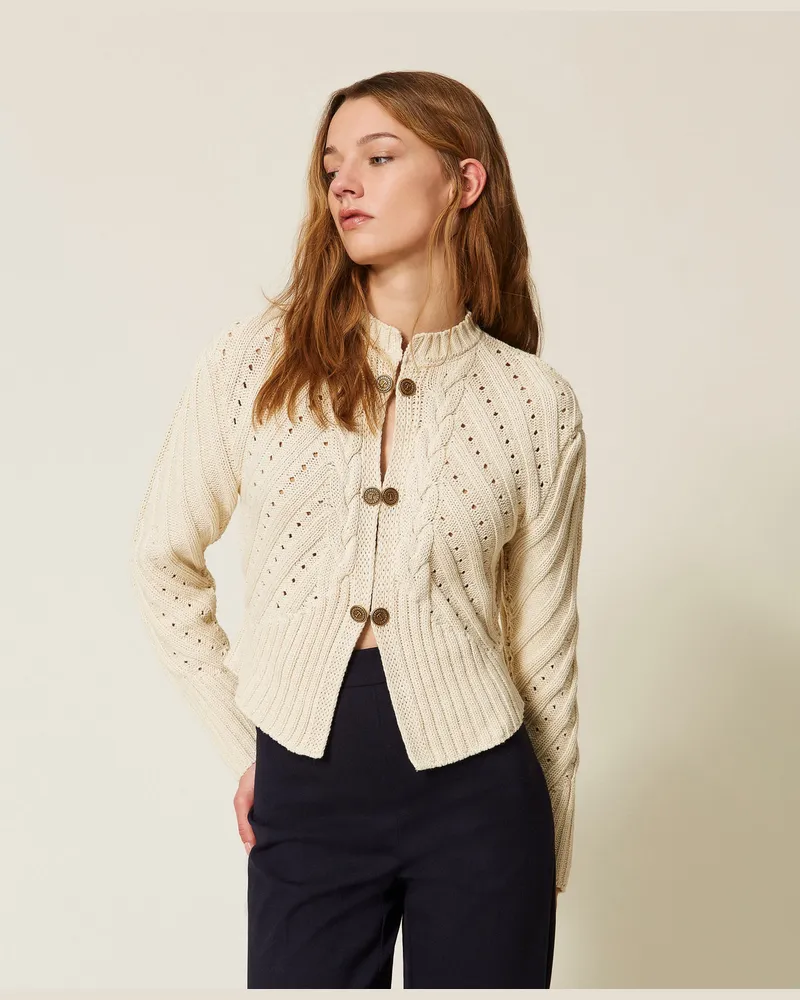 Twin-Set Cardigans - Strick-Cardigan mit Zopfmuster, Elfenbein, Baumwolle, Größe Elfenbein