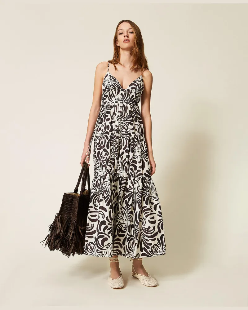 Twin-Set Kleider - Maxikleid aus bedrucktem Popeline, Print Botanical Coffee Choc/Off White, Baumwolle, Größe Print
