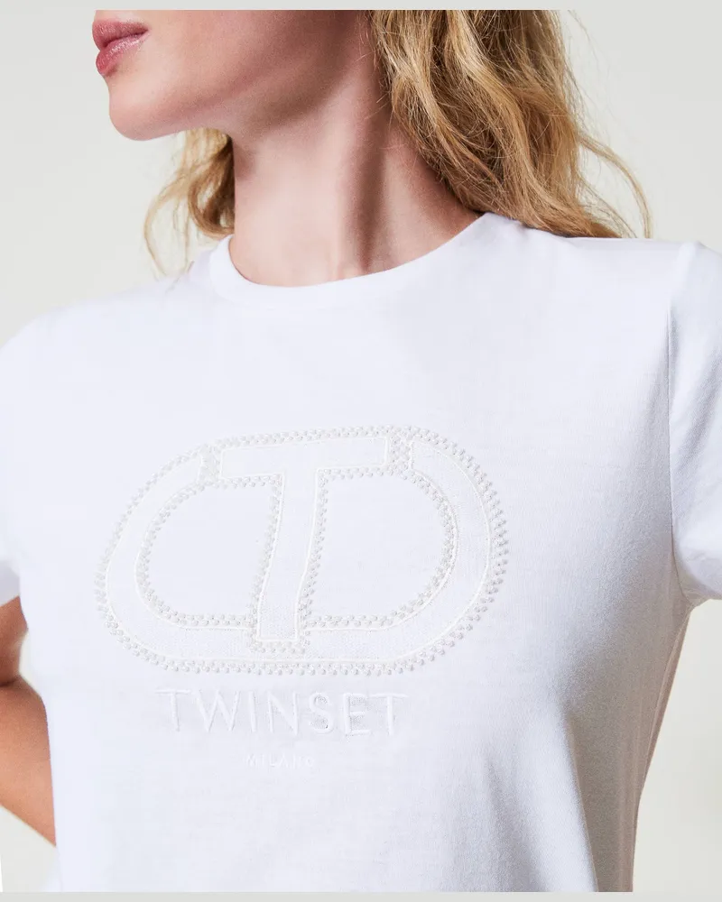 Twin-Set T-Shirts - T-Shirt mit aufgesticktem „Oval T"-Logo, Weiß, Baumwolle, Größe: XXS 