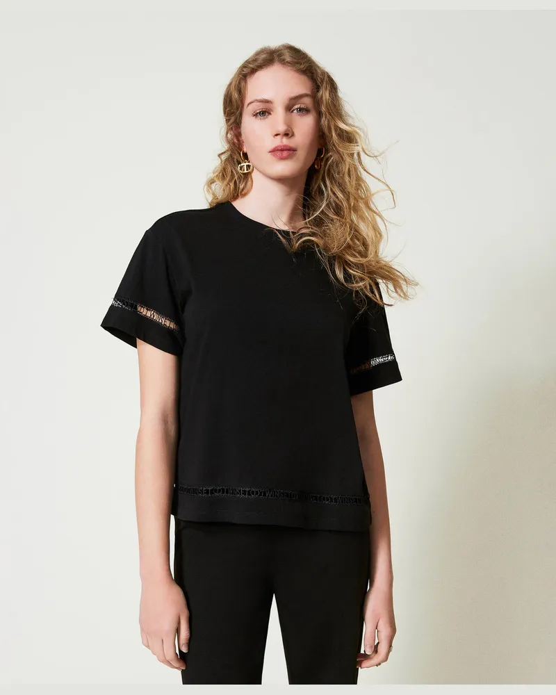Twin-Set T-Shirts - T-Shirt im Regular-Fit mit Sticklogo, Schwarz, Baumwolle, Größe: XXS 