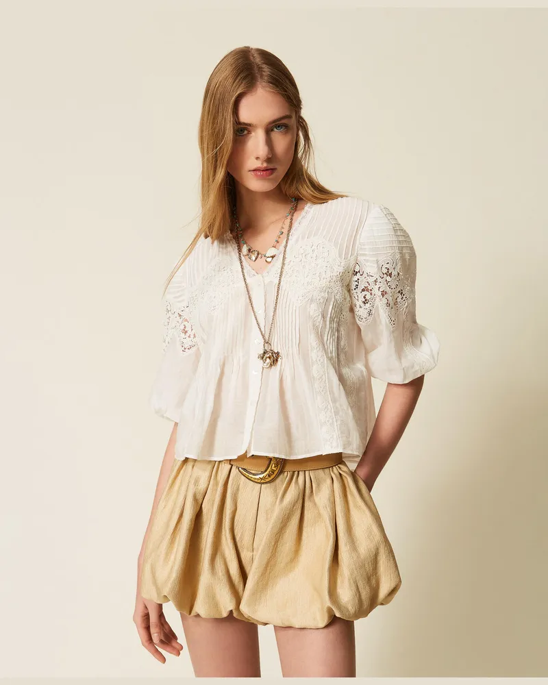 Twin-Set Hemden - Hemdbluse aus Seiden-Musselin-Mischung, Weiß Schnee, Baumwolle, Größe Weiß