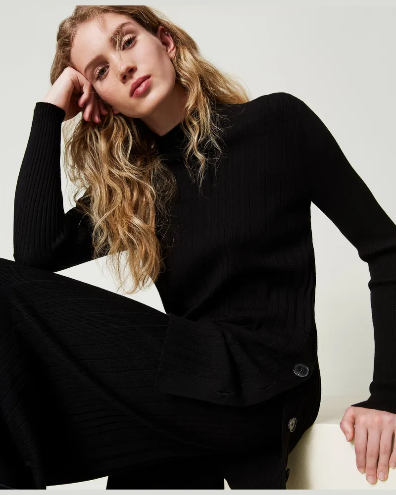Twin-Set Maxi-Plisseepullover mit Knöpfen, Schwarz, Größe: M 