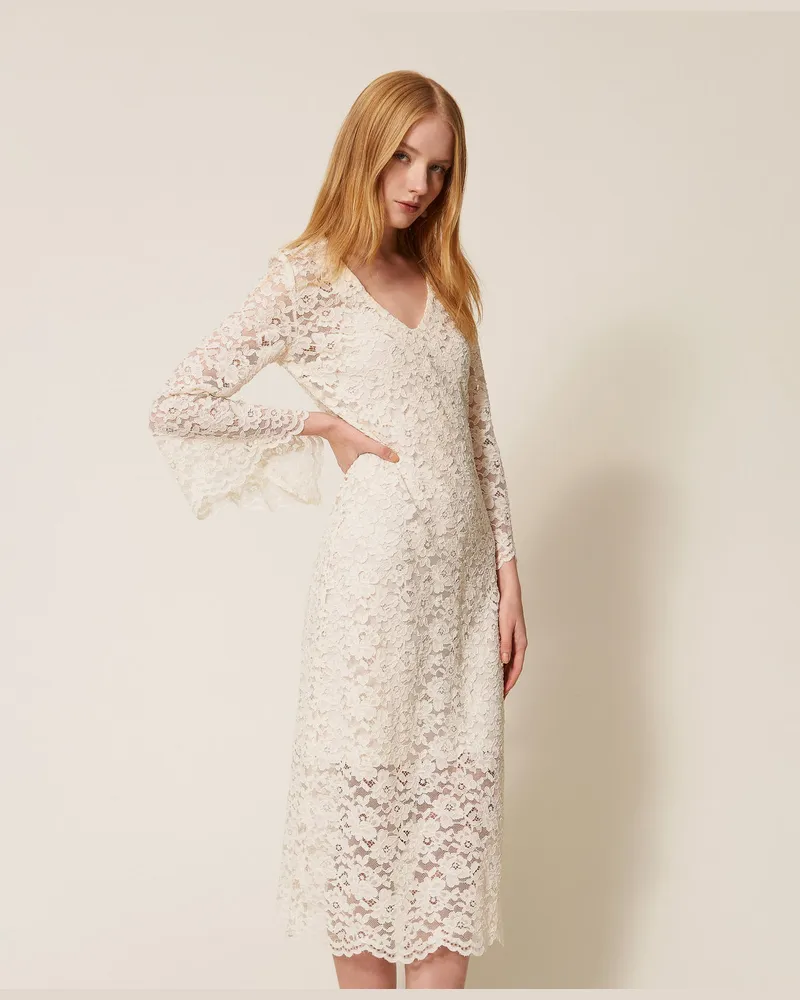 Actitude by Twinset Kleider - Midi-Kleid aus Spitze, Mattweiß, Größe Mattweiß