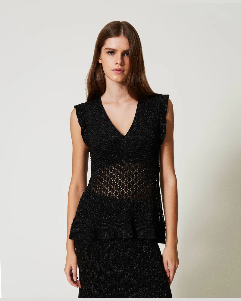 Twin-Set Bademode - Pullover aus Lurexgarn mit Volants, Schwarz, Größe: M 