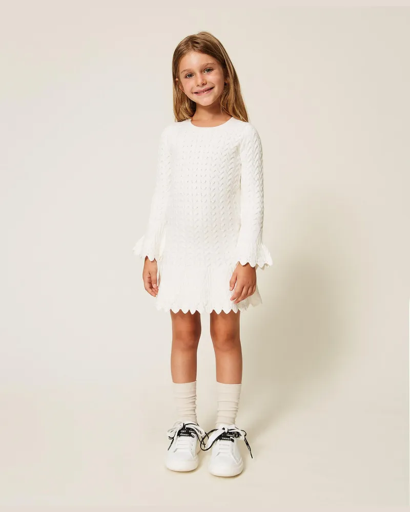 Twin-Set Kurzes Baby-Strickkleid im Zopfmuster Weiß