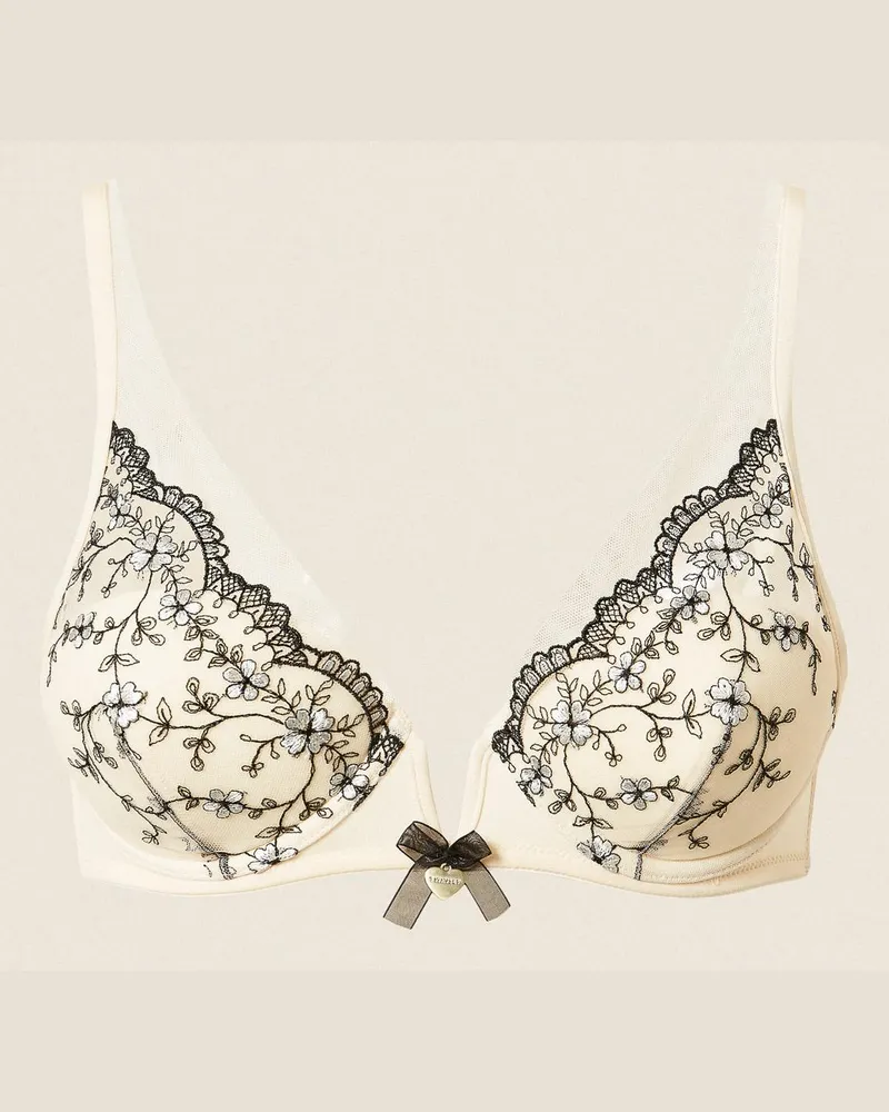 Twin-Set Bralette aus besticktem Tüll, Damen, Stickerei Perlmutt / Schwarz Stickerei