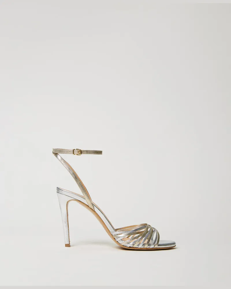 Twin-Set Schuhe - Riemensandalette aus laminiertem Leder, Zweifarbig Silber / Gold, Größe Zweifarbig