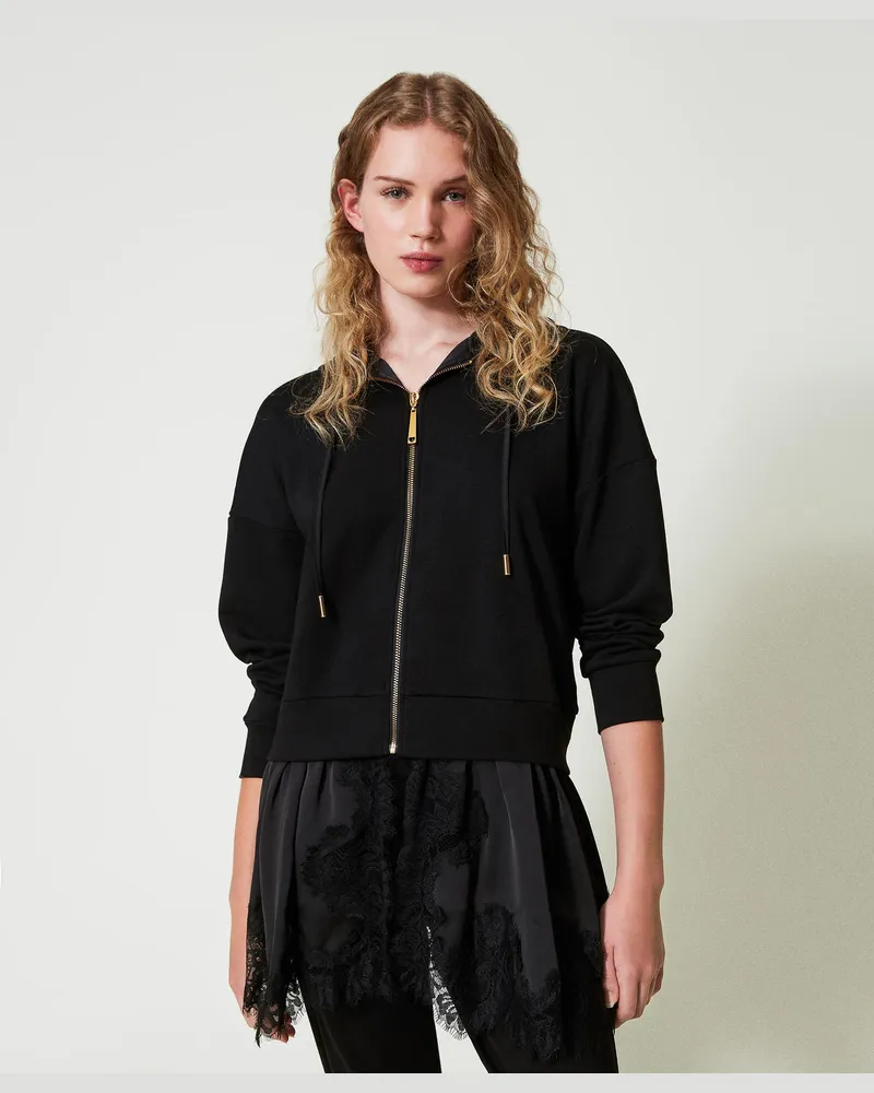 Twin-Set Sweatshirts und -jacken - Sweatjacke mit Satin und Spitze, Schwarz, Größe: S 