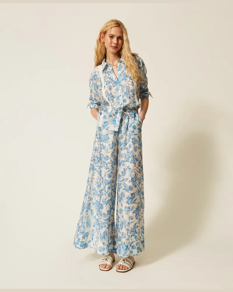 Twin-Set Hosen - Palazzo-Hose mit Blumenmuster, Print Toile De Jouy Off White/Blu Med, Größe Print