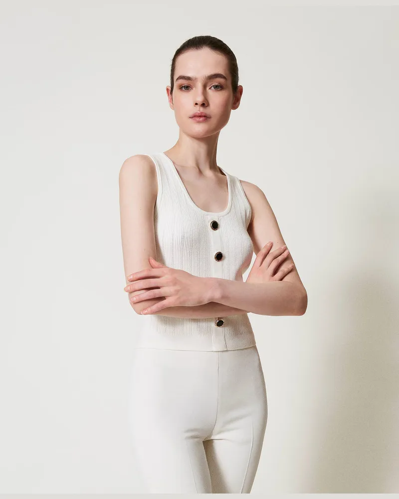 Twin-Set Tops - Stricktop mit Zierknöpfen, Weiß Schnee, Größe: XXL 