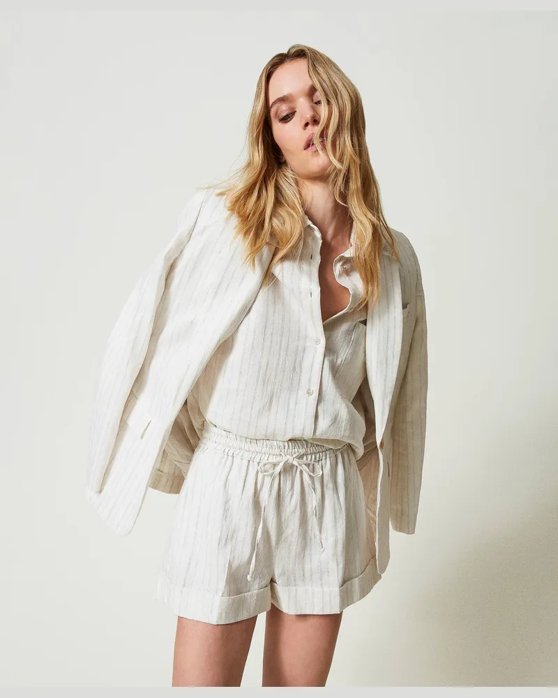 Twin-Set Hosen - Shorts aus Leinenmischung mit Lurexstreifen, Nadelstreifen Weiß Streifen Silber, Gestreift, Größe Nadelstreifen
