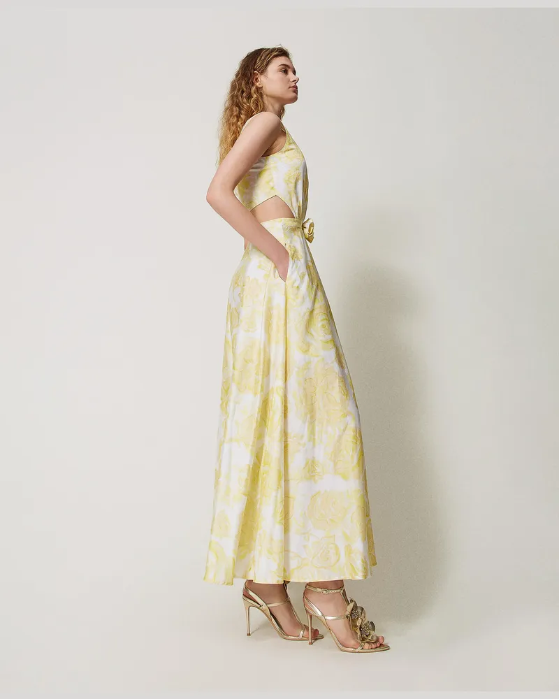 Twin-Set Kleider - Bedrucktes Maxikleid mit applizierter Rose, Yellow Pear Roses, Mit Blumen, Größe Yellow