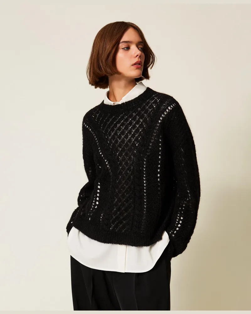 Twin-Set Pullover aus Mohairmischung mit Lochmuster, Schwarz, Größe: XL 