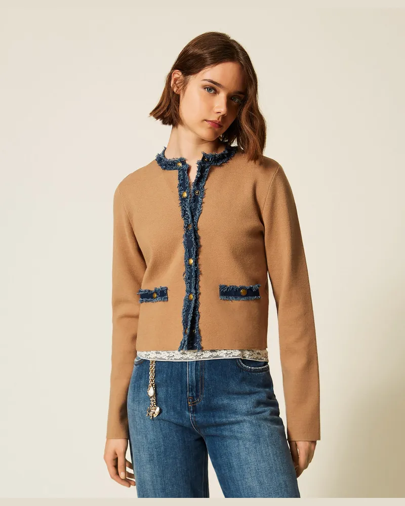 Twin-Set Figurbetonter Cardigan mit Jeansbesatz Dune-beige