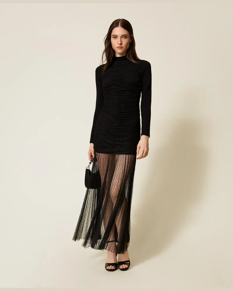 Twin-Set Kleider - Langes Strickkleid mit Tüll, Schwarz, Größe Schwarz