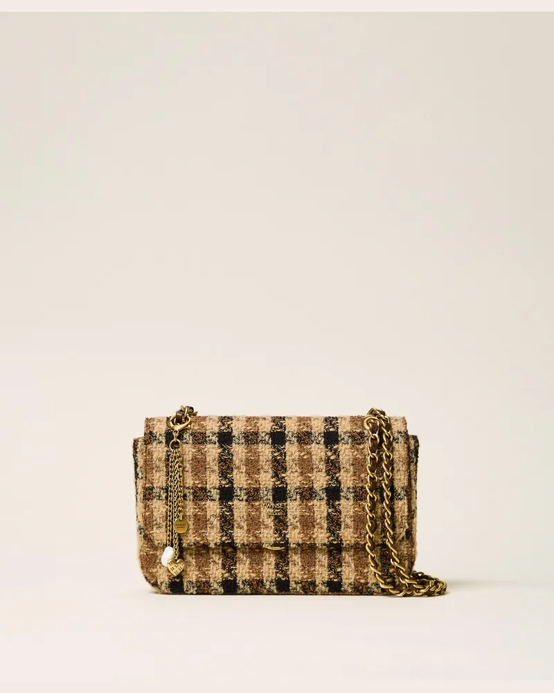 Twin-Set Umhängetasche aus kariertem Jacquard, Damen, Bouclè Little Check Brown / "Nut"-Braun / Gold Bouclè