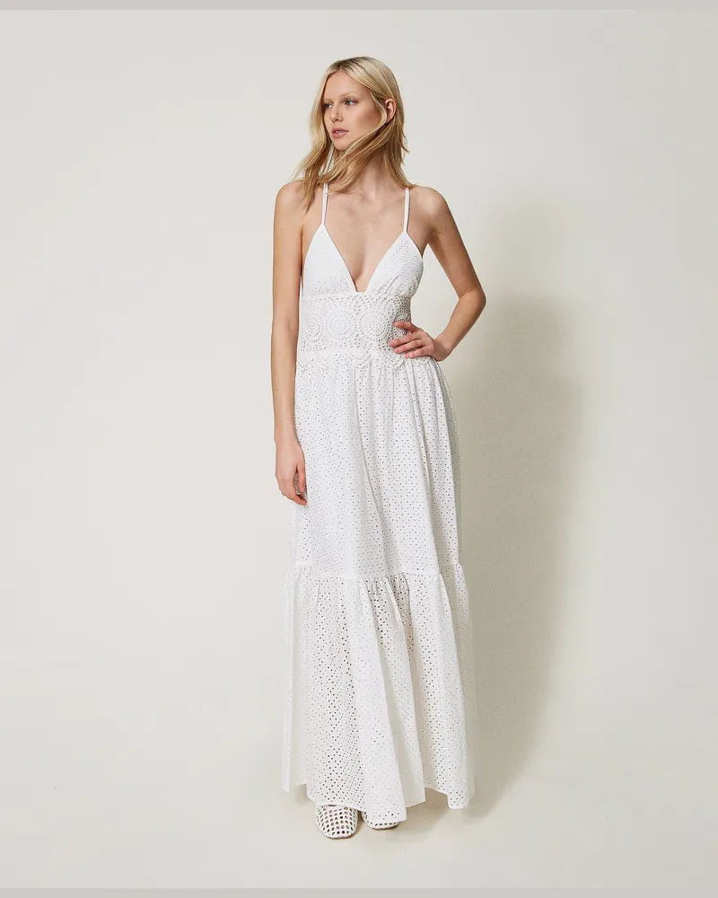Twin-Set Bademode - Maxikleid mit Lochstickereien und Häkelarbeit, Sugar Weiß, Baumwolle, Größe: XL 