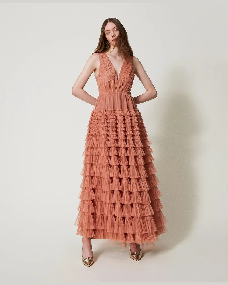 Twin-Set Kleider - Maxikleid aus plissiertem Tüll, Dusty Coral, Plissee, Größe Dusty
