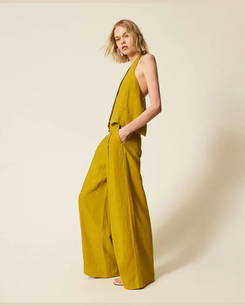 Twin-Set Hosen - Weite Hose aus Leinenmischung, "Avocado Oil"-Grün, Größe Avocado