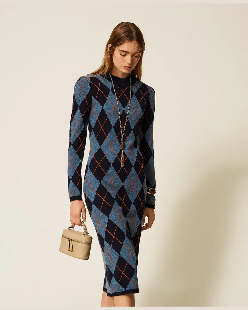 Twin-Set Langes Strickkleid mit Jacquard-Rhomben Intarsia