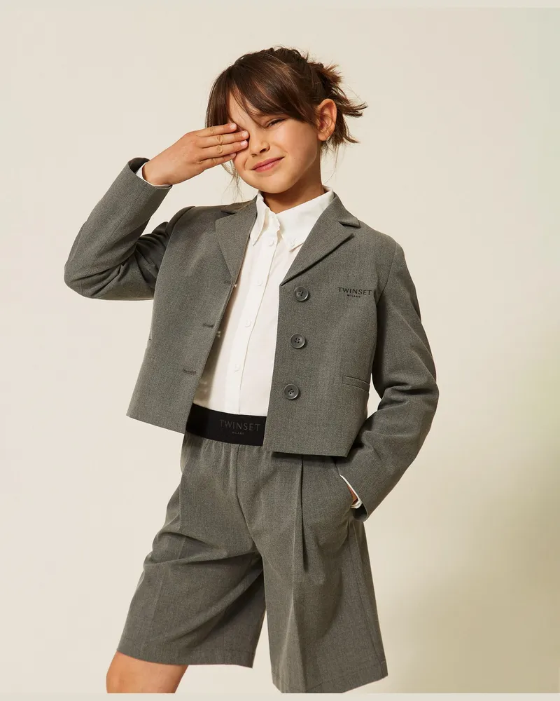 Twin-Set Flanelljacke mit Sticklogo, Damen, Mittelgrau-Melange Mittelgrau-melange