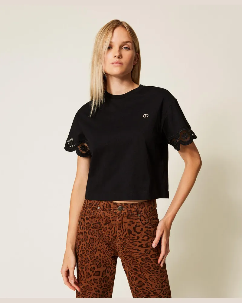 Twin-Set T-Shirts - T-Shirt mit floraler Stickerei, Schwarz, Baumwolle, Größe Schwarz